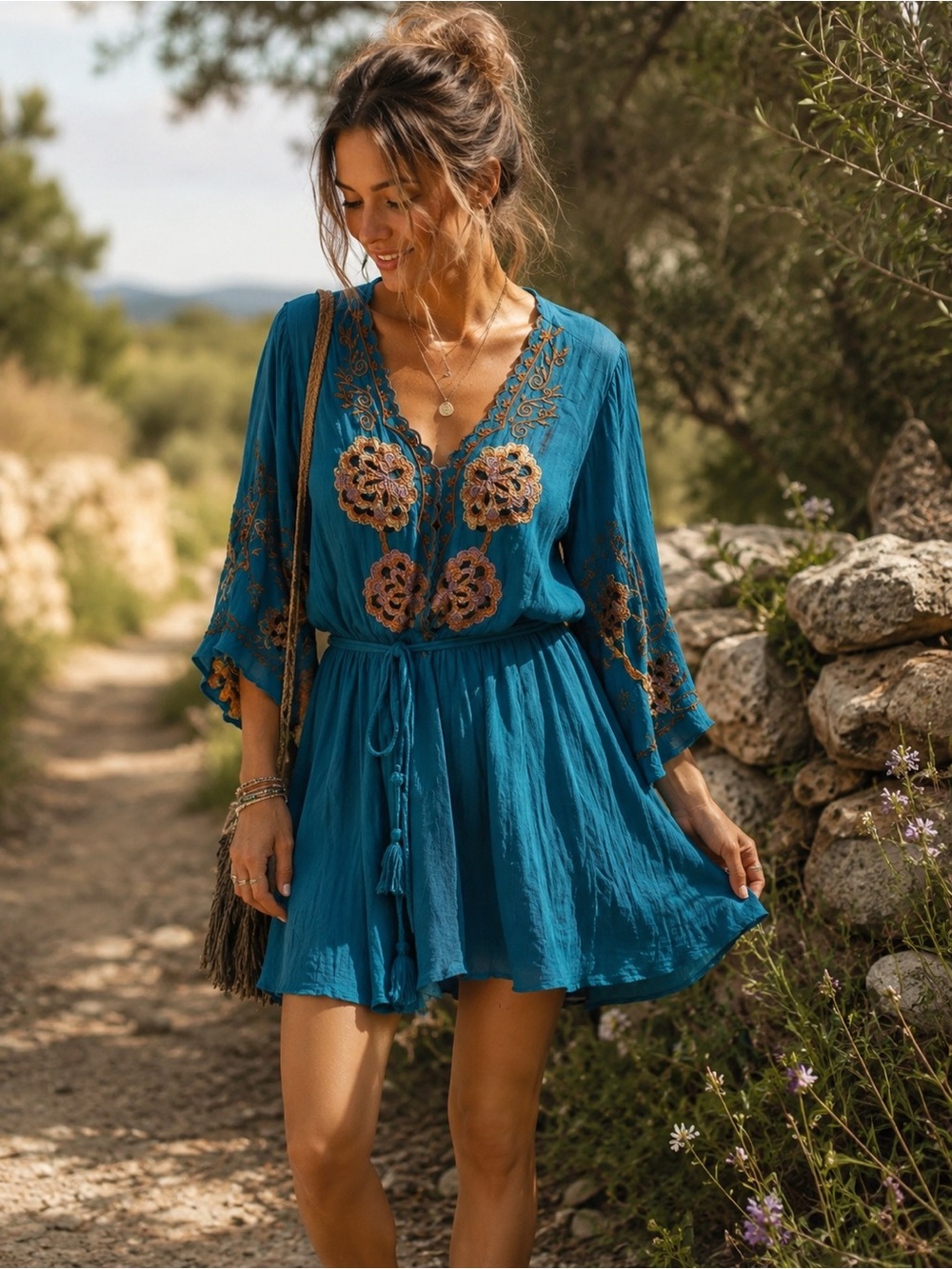 FREE PEOPLE - M - Teal Embroidered Boho Dress turquoise